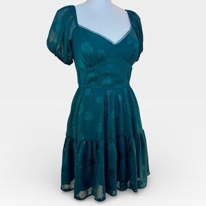 Trixxi Women’s Emerald Green Mini Puff Sleeve Fit & Flare Mini Dress SMALL